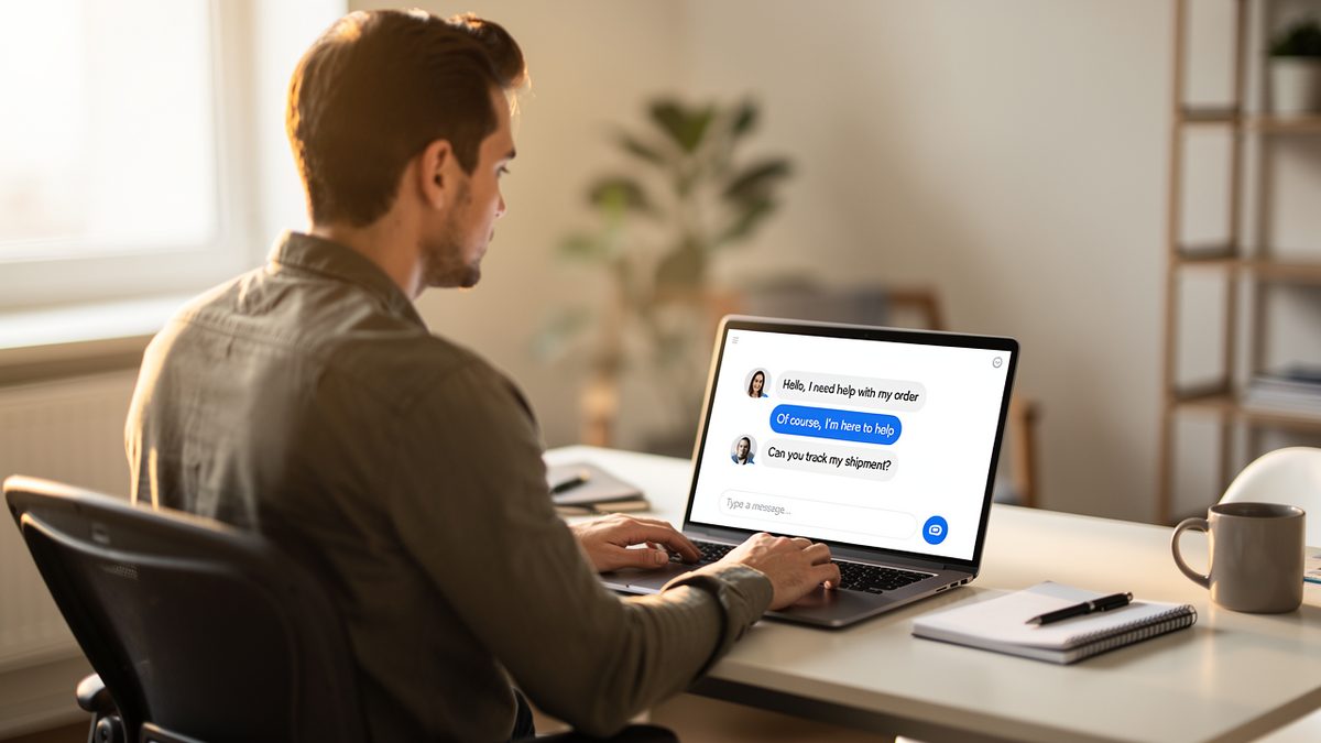 Small business owner using AI chatbot on laptop