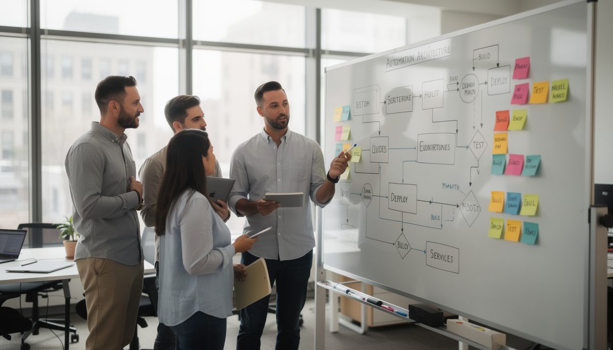 Development team planning automation architecture on whiteboard