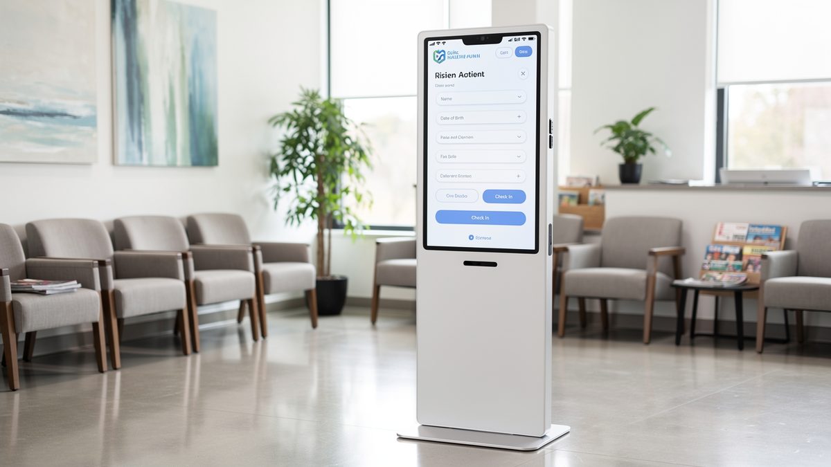 Digital patient check-in kiosk in clinic waiting room