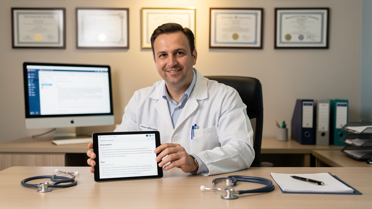 Doctor using AI scribe application on tablet
