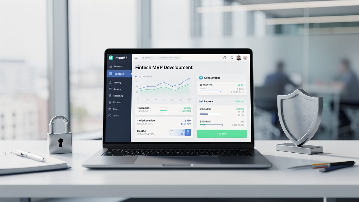 Fintech MVP development prototype with compliance checklist on laptop screen