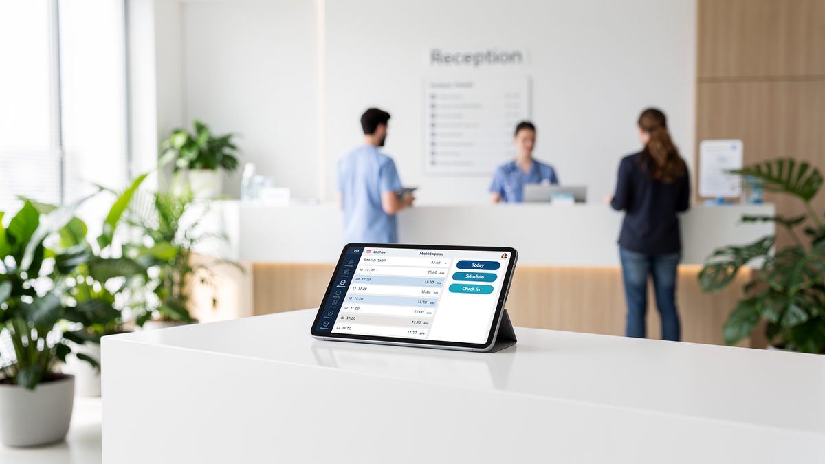 Modern healthcare clinic with AI scheduling technology