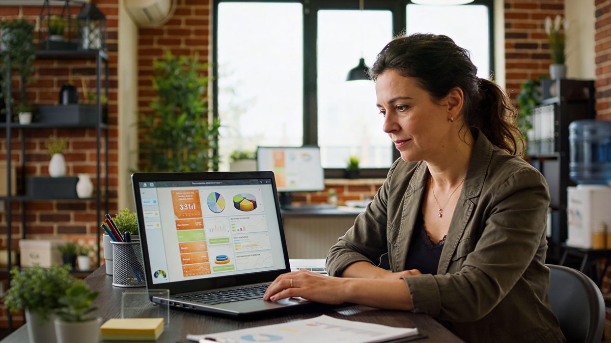 Small business owner reviewing automation analytics on laptop